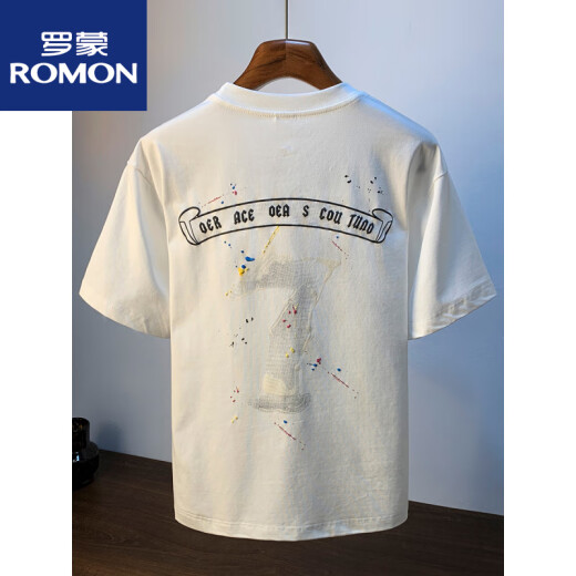 罗蒙（ROMON）夏季男款短袖T恤宽松休闲圆领薄款衣服2025新款绣花半截袖体恤男 白色 HJ6630 M 适合 95-110斤穿