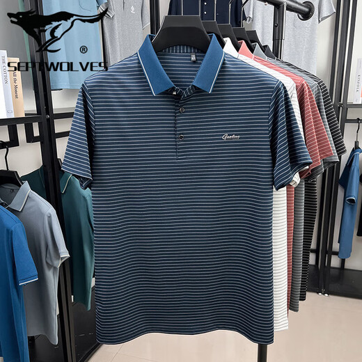 Seven Wolves summer new high-end elastic polo shirt middle-aged men's T-shirt loose stripes breathable thin cool short-sleeved men 9922/white 4XL 190190-205Jin[Jin equals 0.5 kg]