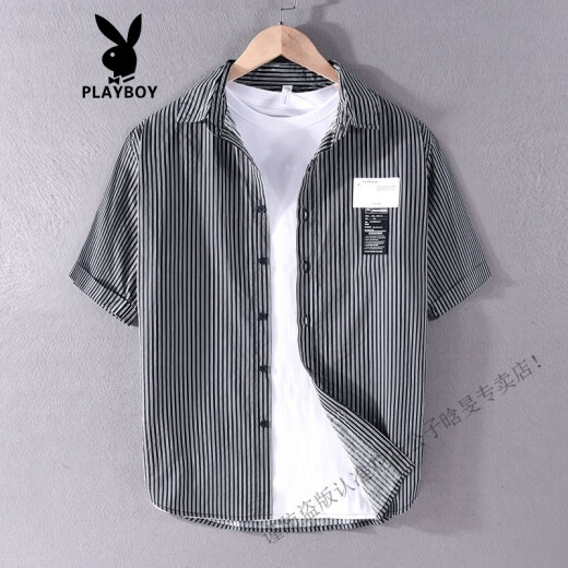 Playboy (Playboy) Chemise à rayures pour hommes à manches courtes minces japonais rétro coton sans fer libre coréen à demi-manche de chemise à manche 9740 Black M adaptée au poids 110-125 Jin [Jin est égal à 0,5 kg]