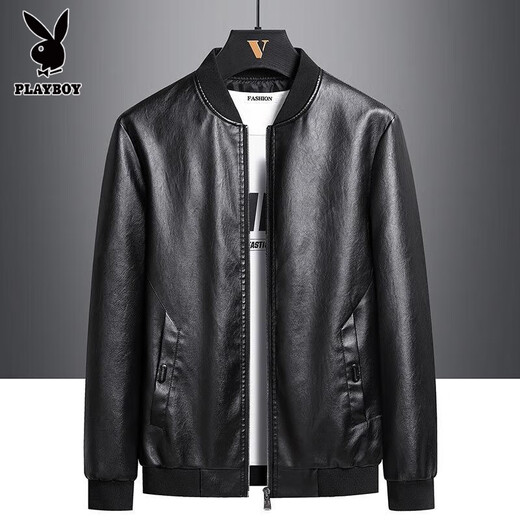 Playboy velvet leather men's jacket autumn and winter thickened soft leather jacket Haining style Korean version slim and warm casual thin style black without velvet XL 126-140Jin Jin equals 0.5 kg