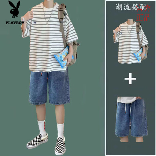 Traje de manga corta a rayas Playboy ropa de verano para hombres y ropa hermosa con camiseta de moda pantalones cortos de mezclilla set 9226 blanco + 147 pantalones cortos de mezclilla azul 2XL 2XL