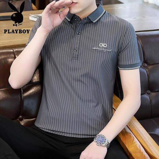 Playboy 100% ice silk short-sleeved T-shirt for men's summer new lapel stripes traceless iron-free anti-wrinkle POLO shirt top 9710 black L suitable for 110-125 Jin [Jin equals 0.5 kg]