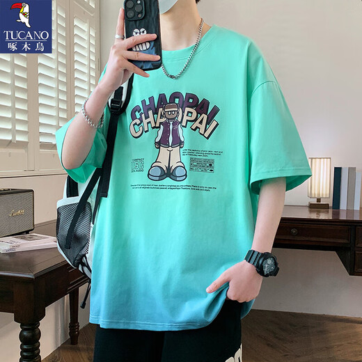 Woodpecker 2025 summer new short-sleeved men's T-shirt loose casual and versatile handsome trendy top teenager off-white D6169 single piece-Woodpecker M