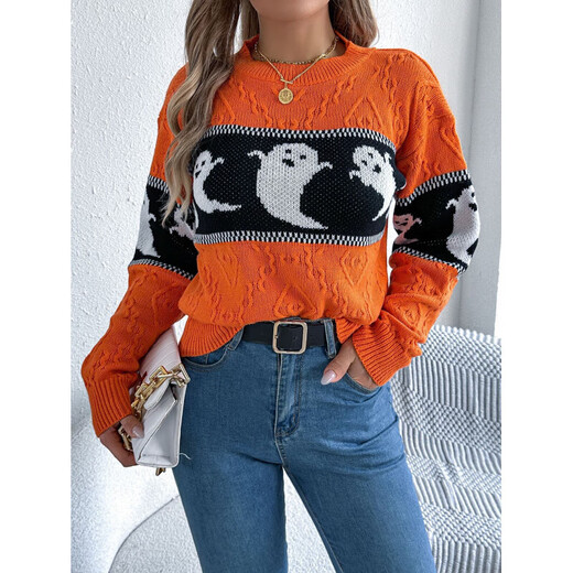 
European and American cross-border autumn and winter women's Halloween themed ghost contrast sweater top lazy style loose sweater women orange XL