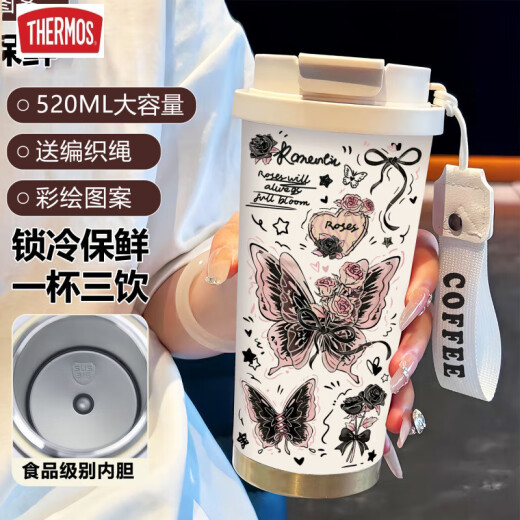 Thermos Simple Butterfly Thermos (Thermos) Acero inoxidable Portable Doble Café Café 2025 nueva taza de agua de paja para mujeres BW1047 Silver Butterfly + Lanyard Ceramic Inter