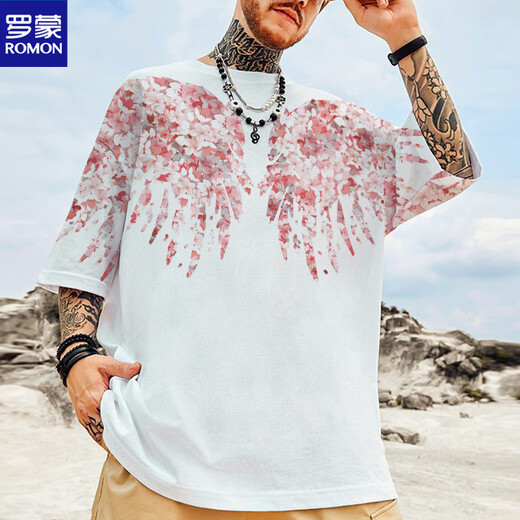 罗蒙（ROMON）夏季翅膀T恤男宽松大码半袖樱花印花薄款t恤衫休闲百搭上衣 M落肩1342白色 8XL 280一305斤