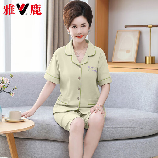 
Yalu high-end mother cardigan pajamas for women in summer pure cotton short-sleeved cropped pants large-size thin style middle-aged and elderly mothers' home clothes 9898 L [100-120Jin [Jin equals 0.5 kg]]