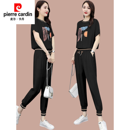 皮尔卡丹（pierre cardin）休闲时尚套装女夏季新款洋气T恤薄款小个子冰丝运动服短袖两件套 【684】黑色 M (建议100斤以下)