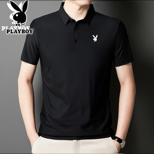 Playboy крутая футболка с короткими рукавами из ледяного шелка для мужчин 2025 года, новинка среднего возраста, однотонная деловая рубашка с лацканами большого размера, высококачественная рубашка поло Obsidian black-12358H-бесшовная рубашка поло из ледяного шелка 4XL 170-185Jin Jin равна 0,5 кг