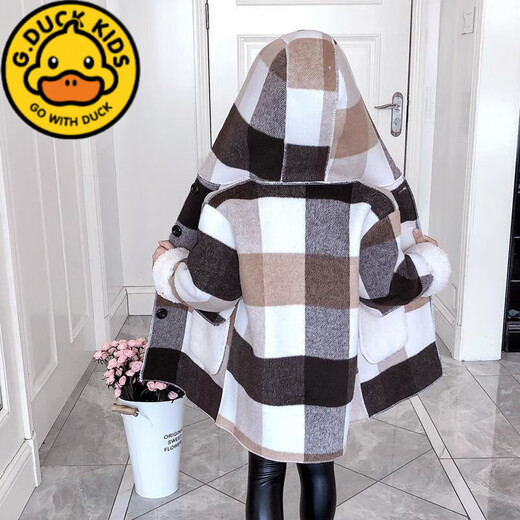 
G.DUCKKIDS Girls Coat 2023 Autumn and Winter Medium-Length Little Girl Plaid Thickened Tweed Coat Medium-Large Children's Tweed Trendy Large Plaid Plus Fleece Thickened Coat Size 130 Recommended Height 120CM3-12 years old