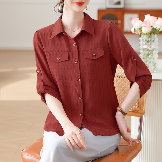 Xuanchun Guangdong Puning Women's Shirt Middle-aged Single Top Middle-aged Mom Spring and Summer Fashionable and Strong Sleeve Women 9856 Coffee XL (100-117Jin[Jin equals 0.5 kg])