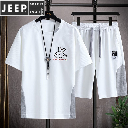 Jeep Spirit Men's Summer Suit Waffle Handsome Men's Short à manches courtes associés à un ensemble de vêtements de sport décontractés à la mode. DT636 blanc [manches courtes + shorts] m (100-115Jin [Jin est égal à 0,5 kg])
