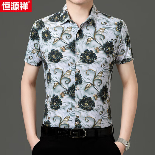 恒源祥夏季桑蚕丝短袖印花衬衫男冰.丝半袖免烫花衬衣休闲中年爸爸薄款 Y81-9898黑色 XL 175【140-160斤】