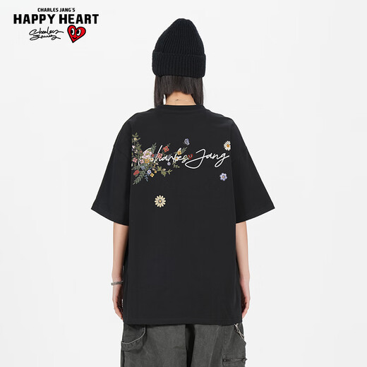 Charles Peach Heart Heavy American Pure Cotton Kurzärmel T-Shirt Print Sommerblumen Nationale Trend Männer und Frauenelbe lose und vielseitig schwarz l