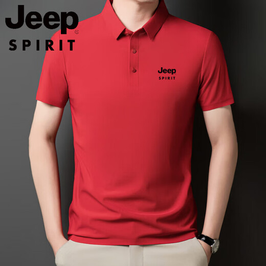 JEEP SPIRIT2025新款POLO衫男士冰丝短袖T恤夏季翻领抗皱商务休闲中老年半袖 Jeep12358冰丝POLO衫/大红 M 【90-110斤】