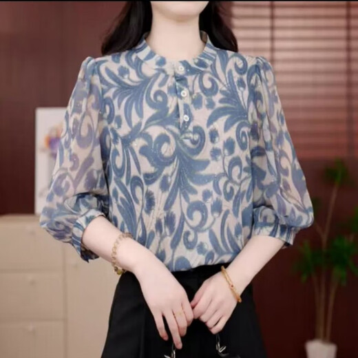 Simple high-end spring and summer new fashionable printed stand collar long-sleeved top for women's temperament mother outfit casual and age-reducing 695 landscape (Beautiful) One size S (recommended 80-105Jin [Jin equals 0.5 kg])
