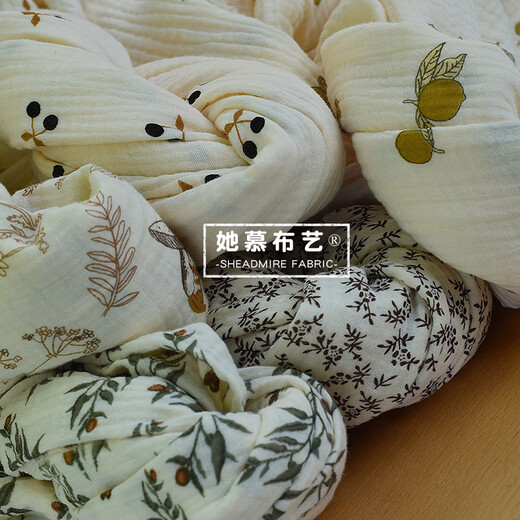 Ins style Nordic pastoral small floral pure cotton double layer crepe fabric baby bath towel cover blanket saliva towel diy fabric lemon fruit (half meter price)_135 width