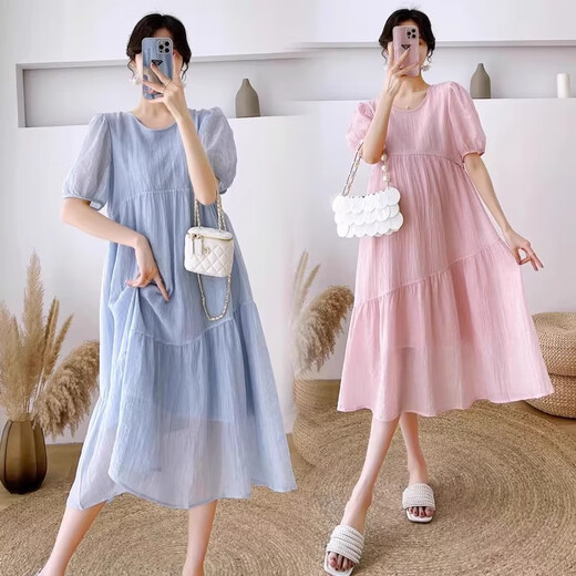 婧麒（JOYNCLEON）孕妇连衣裙夏季新款法式温柔风小清新裙子胖mm显瘦遮肚子裙子 蓝色裙子Jly158506 L