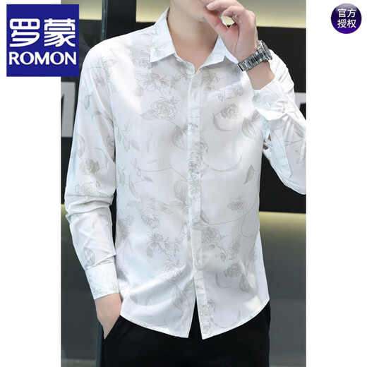 罗蒙（ROMON）印花衬衫男长袖青年花卉图案棉薄款修身时尚痞帅休闲碎花衬衣潮 723蓝色 M 80-104斤