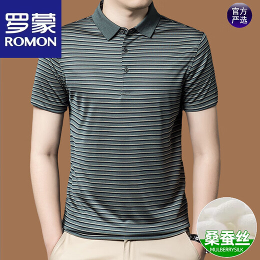 罗蒙（ROMON）高档轻奢桑蚕丝男士短袖T恤2025夏季新款爸爸装翻领条纹POLO衫男 BY-BY6218湖兰 XL 175(建议135-155斤内)