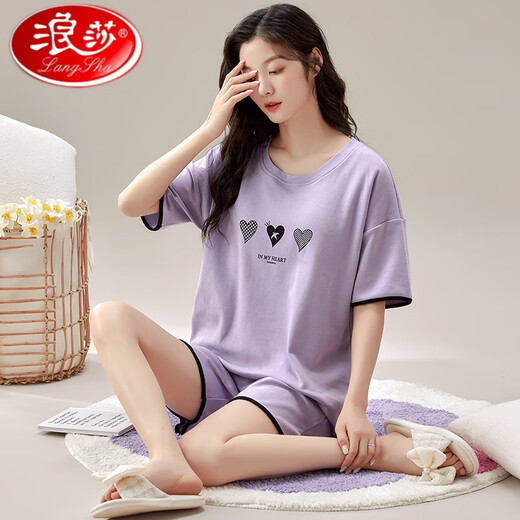LangSha Summer Women's Short Sleeve Pajama Set comes with a chest pad integrated pure cotton spring and autumn large-size thin style for outdoor wear GXT1047 L (recommended 95-115 Jin [Jin equals 0.5 kg])