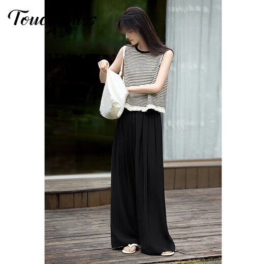 Tachimis Touch Miss Lazy Style-Anzug für Frauen 2025 Sommer neuer Stil Streifen Hohlkante Schlampe Weste Hosen Zwei-teilige weiße und schwarze L 115jin [Jin gleich 0,5 kg] -125jin [Jin gleich 0,5 kg]