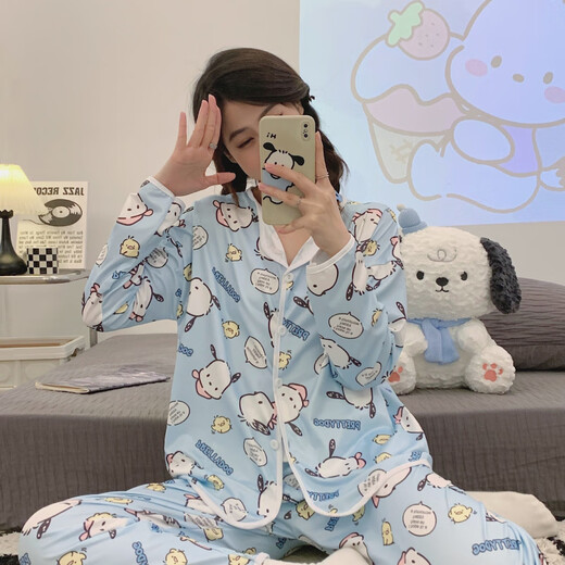 S.Sofea Spring Pyjamas Femme à manches longues Laits de soie à domicile Internet célébrité Guangzhou Treize Line M6624 # Blue Pacha Dog 170 M