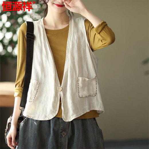 Hengyuanxiang Feste Farbe Baumwoll-Wäsche Pferd Clip Großgröße Damen Fett MM Doppelpockt One-Button V-Neck ärmellose Strickjacke Altersreduzierende Leinen-Leinen-Top Orange Red M Empfohlen 85-110jin [Jin gleich 0,5 kg]