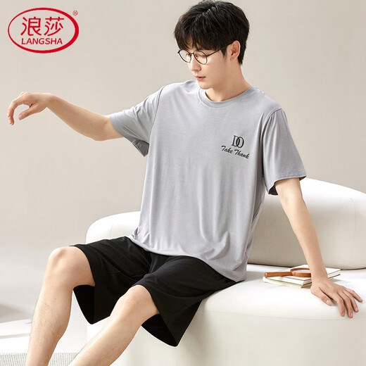 浪莎（LangSha）莫代尔睡衣男夏短袖长裤薄款棉绸家居服男款夏天加肥大码冰丝套装 6624 L