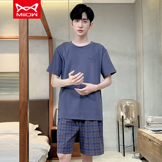 Catman MIIOW summer short-sleeved shorts men's pure cotton thin pajamas can be worn outside casual sports home clothing large size suit 9922 L
