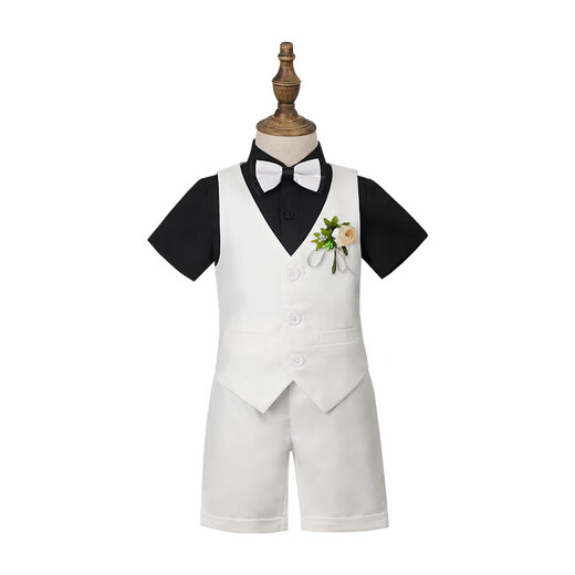 Children's Suit Dress Summer British Short-sleeved Vest Set Boys Host Speech Piano Show Show Clothes White 5-piece Set (Black Shirt + Vest + Shorts + 90 cm, Recommended Weight 20-26 Jin [Jin equals 0.5 kg]