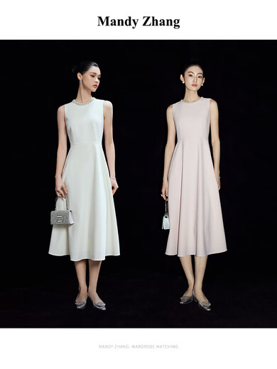 Mandy Zhang法式赫本风气质粉色订婚连衣裙女夏季宴会正式礼服裙子 樱花黛粉 珍珠镶钻 S