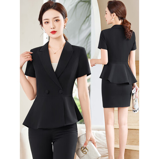 Linzhongxun high-end hotel lobby manager work clothes for professional clothes for women in summer thin short-sleeved suit front desk technician work clothes 6629 black suit + skirt Suggestion 75-85 Jin [Jin equals 0.5 kg]