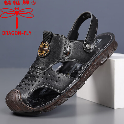 Dragonfly brand top layer cowhide bag sandals men's new leather summer beach shoes soft sole beef tendon sole dad sandals two wear 6908 brown 41