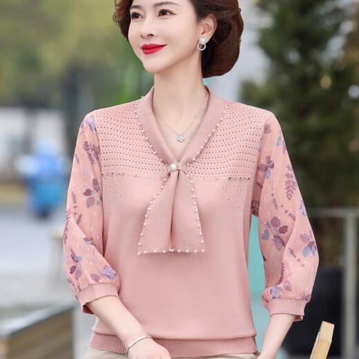 2025新款妈妈春装洋气纱袖上衣服中老年女春夏针织T恤薄款打底衫 蓝色6636 M （建议85-100斤