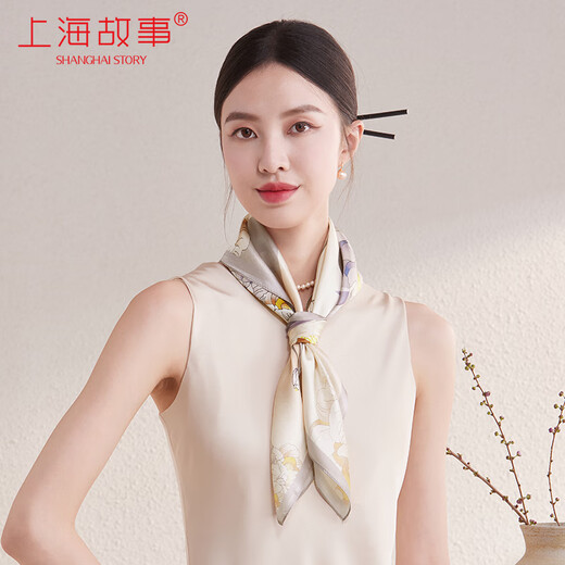 
Shanghai Story Silk Scarf Women's 100% Mulberry Silk Satin Small Square Scarf Gifts for Mom Birthday Scarf Gift Box Peony Rice Grey