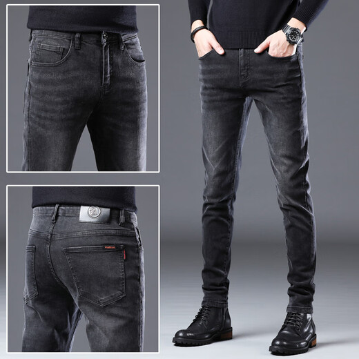Lee Kids Hong Kong Black Jeans Herren Frühling und Sommer Neue schlanke kleine Füße modische Marke Mode Stretch Casual Hosen Männer QN1049 Gray Plus Fleece 28
