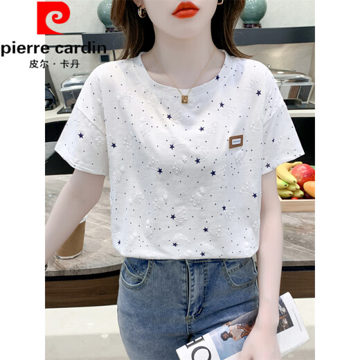 Pierre Cardin reines Baumwolldruck-T-Shirt für Frauen kurzärmelige Sommer 2025 NEU LOOSSPRUCK DESIGN VERSATILE T-SHIRT TOP TREND 1396 Weiß + W7274 Löwenzahn M für 100-109jin [Jin gleich 0,5 kg] geeignet.