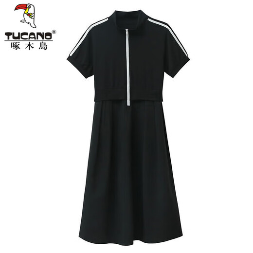 Дятел летнее толстое ММ в корейском стиле свободное облегающее платье с короткими рукавами женское большого размера 200Jin Jin равно 0,5 кг Толстая повседневная юбка, закрывающая живот, черная 5XL рекомендуется 180-200Jin Jin равна 0,5 кг