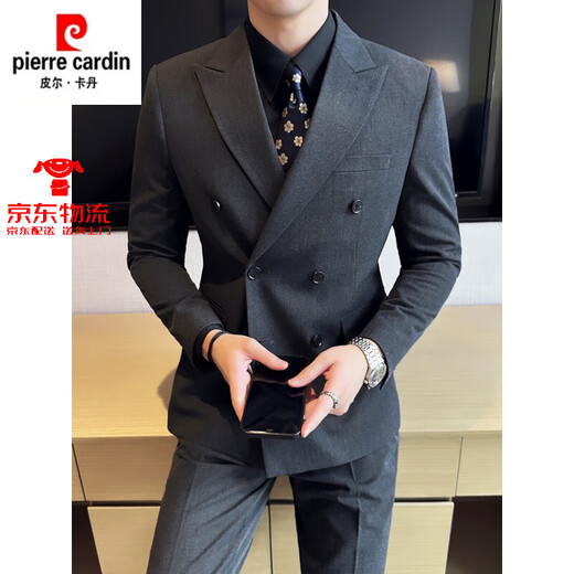 Pier Cardan Suit Men's Men's Light and Casual Double-Breasted 2024 Nouveau commuter haut de gamme Robe de costume simple Men Gris foncé (costume + pantalon) Black Shirt and Tie 6xl (62)