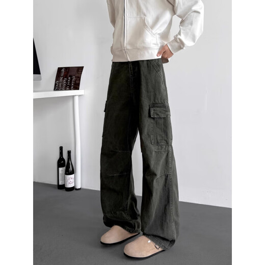 Muwei American retro workwear casual pants for men 2025 autumn and winter new loose straight wide leg trendy and versatile long pants dark gray XL recommended 130-150Jin Jin equals 0.5 kg