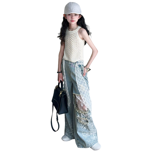 Korean version of lace ripped jeans summer girls suit medium-sized children hollow vest suit 2025 new pants [pants] lace ripped jeans 150 cm
