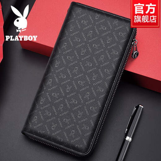 花花公子（PLAYBOY）休闲钱包男士长款商务手包皮夹手拿包钱夹拉链送爸爸老公 黑色0492[PVC面料]
