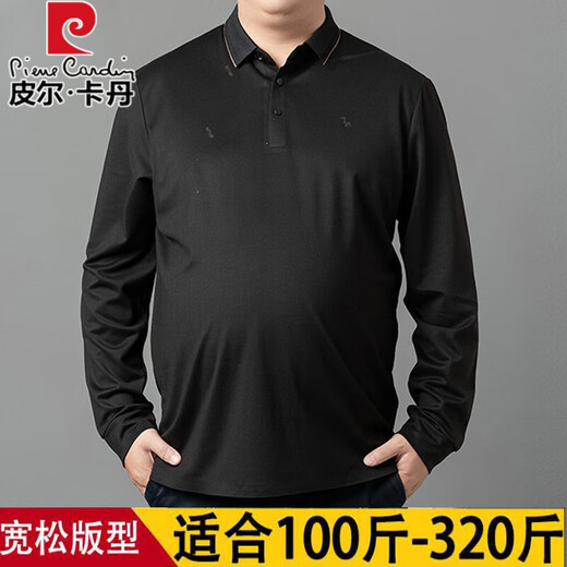 皮尔卡丹加肥加大胖子宽松长袖POLO衫男士休闲T恤春秋薄款肥佬翻领上衣 9928黑色 4XL 190建议200-220斤
