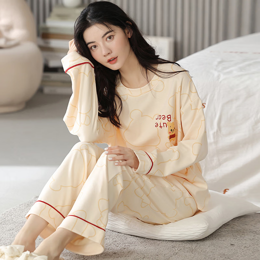 Modal pajamas for women in spring and autumn women 2025 new pure cotton fabric full cotton long sleeve spring and autumn soft home clothing Main picture MM: 9901 apricot color milk tea bear set M
