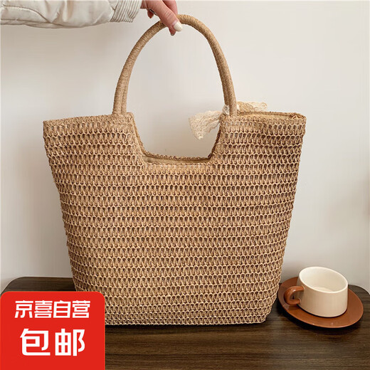 春夏时尚编织气质女包2025新款洋气海边度假手拎大容量草编水桶包 卡其色净版（不带蝴蝶结）