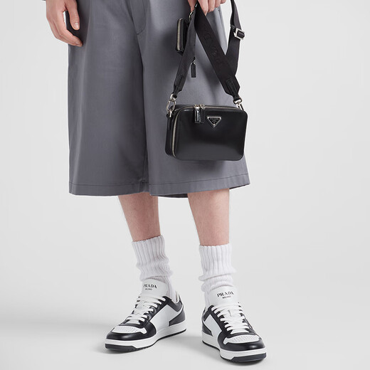 PRADA/Prada Gift Men's Downtown Triangular Logo Decorated Calf Leather Sneakers White/Black 42 (8)