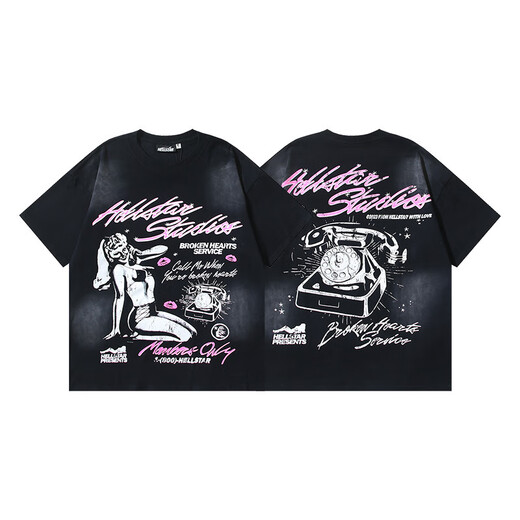 
Ziweiqi Meishi Hell Letter Print Couple Short Sleeve T-shirt Summer Loose Casual Style 691 Wash Black S