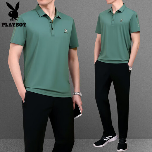 花花公子（PLAYBOY OUTDOOR）冰丝t恤男士套装夏季薄款休闲男装运动服中年短袖男父亲节爸爸装 755橘红 3XL建议160斤---180斤T恤+裤子
