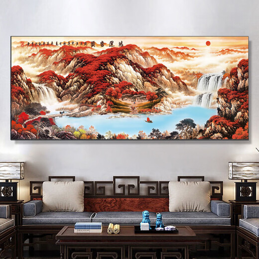 牧子喜行沙发背景墙挂画2025最新款大气壁画山水风景画靠山图挂画办公室画 CT-3889【山水聚财】 亮面有机玻璃】成品 280*110cm 尊贵黑框